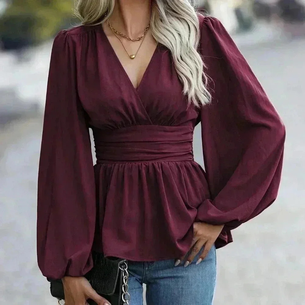 Burgundy Elegant Women's Pleated Lantern Sleeve Blouse - Picture 4 of 6